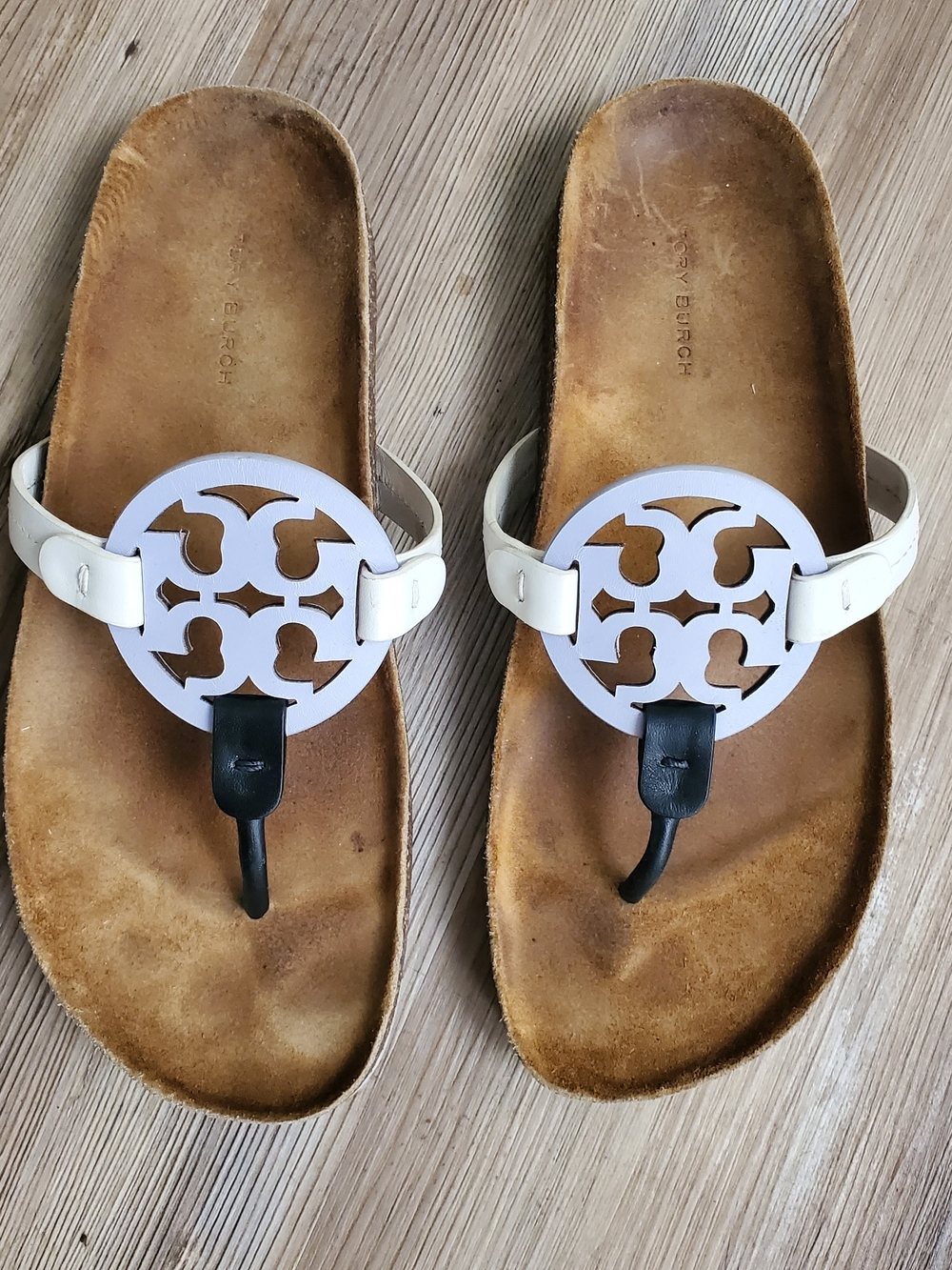 Tory Burch Miller White Lavender Logo Leather Thong Sandals Size 8.5